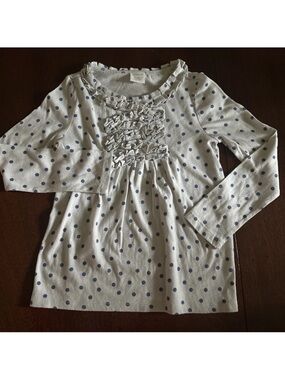 Crewcuts Gray Long-Sleeve Top with Blue Polka Dots and Front Ruffles 4/5